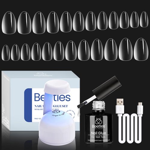 Beetles Gel Nail Kit Easy Nail Extension Set,500Pcs Pre Shaped Clear Extra Short Almond Gel Nail Tips with 5 in 1 Mutipurpose Nail Glue,Base Uv Led Nail Lamp for Nail Art Women Gift