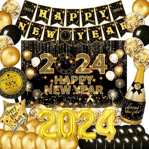 New Years Eve Party Supplies 2024 with happy New Year Banner,Backdrop,Balloons,for New Year Party Decorations