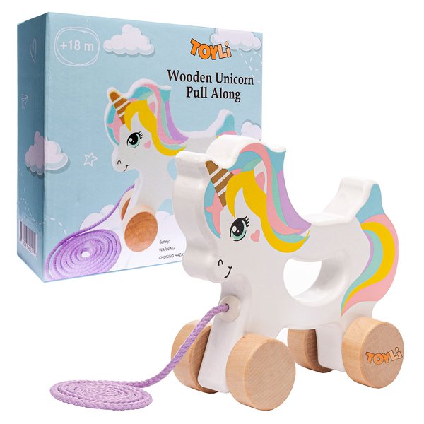 TOYLI Wooden Unicorn Push & Pull Along Toy Developmental Montessori Toddler Pull Toys Improves Balance Strength Confidence for Infants Develop Cognitive Skills Baby Toddlers 18 Month Pull Toy