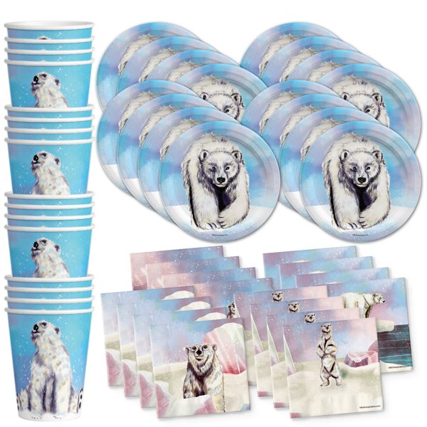 Polar Bear Birthday Party Supplies Set - Bear Party Supplies - Winter Celebrations Plates, Napkins , and Cups - Tableware Kit for 16