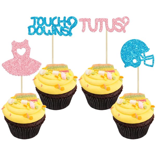 Gyufise 24Pcs Boy or Girl Cupcake Toppers Tutus Touchdowns Gender Reveal Cupcake Picks Dress Rugby Decorations for Gender Reveal Party Baby Shower Birthday Party Wedding Party Decorations