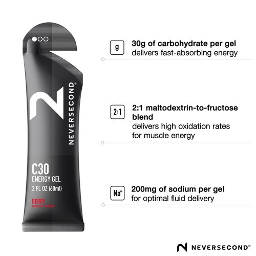 Neversecond C30 Energy Gel, Performance Nutrition & Hydration, Never2 Energy Gel for Triathlons, Ironman, Cycling & Marathons (Berry Flavor, 12-Count Pack)