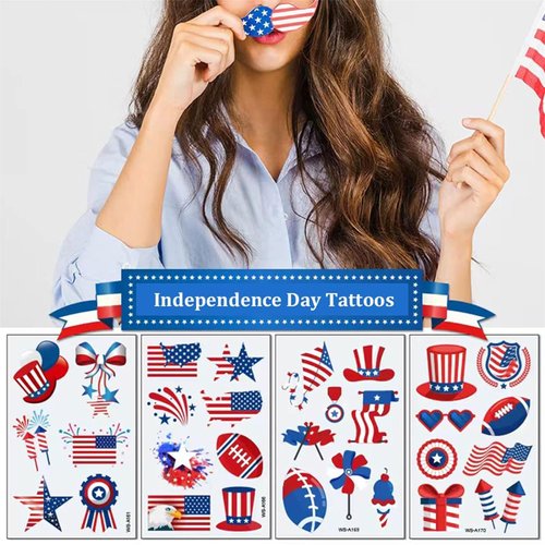 Independence Day Temporary Tattoo Kids Adults, 10sheets Fake Tattoos Waterproof Body Art Stickers USA National Flag Red White Blue for 4th of July Memorial Day Decoration