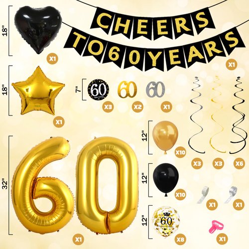 60th Birthday Decorations for Men Women, Black Gold 60th Birthday Balloons Cheers to 60 Years Banner Hanging Swirls for Happy 60th Birthday Decoration Anniversary Party Supplies Favors