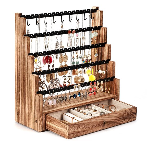 Pinzoveco Earring Organizer, 5 Layer Earring Holder Organizer with Necklace Holder Pole, Rustic Wood Jewelry Organizer Stand Display for Stud Earring Bracelet Necklace Ring, 175 Earring Holes