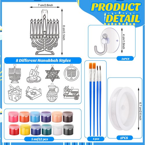 Cholemy 24 Sets Hanukkah Sun Catcher Kit Include Suncatcher Craft with Paints Suction Cups Fishing Thread, Jewish DIY Window Art Kit Paintable Suncatchers Hanukkah Decorations for Chanukah Gifts