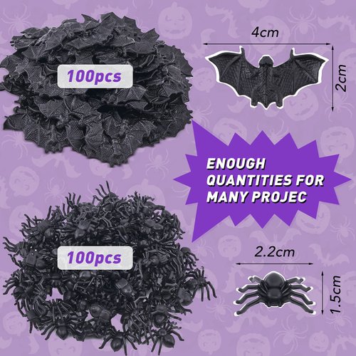 WHXGQ 200 Pcs Plastic Bats Spiders Halloween Mini Bats and Fake Spiders for Halloween Decorations Creepy Scary Prank Toys Plastic Insec Toys Halloween Miniatures