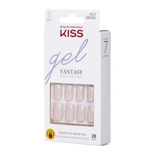 KISS Gel Fantasy Ready-to-Wear Press-On Gel Nails, “Here I Am”, Short, White, Nail Kit with 24 Mega Adhesive Tabs, Pink Gel Glue, Manicure Stick, Mini File, and 28 Fake Nails