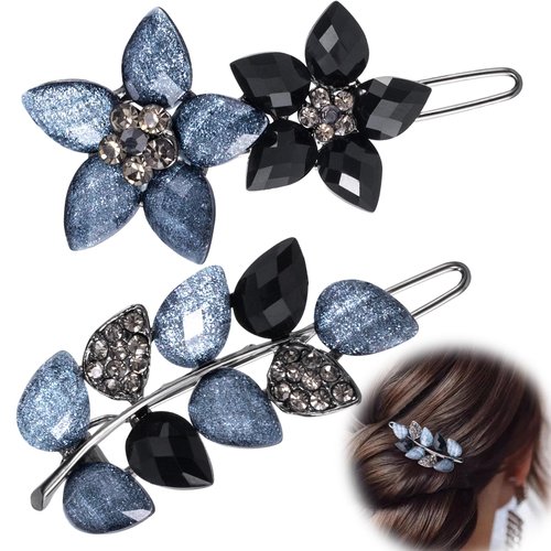 Pndeyo 2pcs Vintage Crystal Hair Pins for Women, Sparkly Rhinestone Flower Leaf Hair Barrettes, Wedding Decorative Hair Accessories for Long Short Thick Thin Curly Wavy Straight Hair- Gray Black
