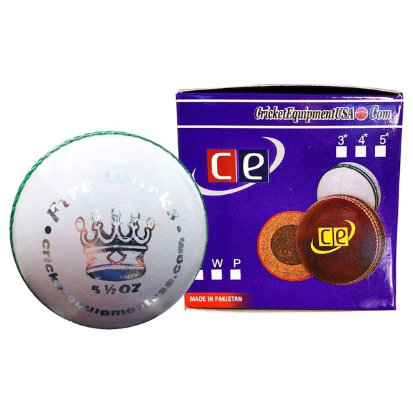 CE Fireworks White Leather Cricket Ball by Cricket Equipment USA (5.5 Ozs, Fireworks White)