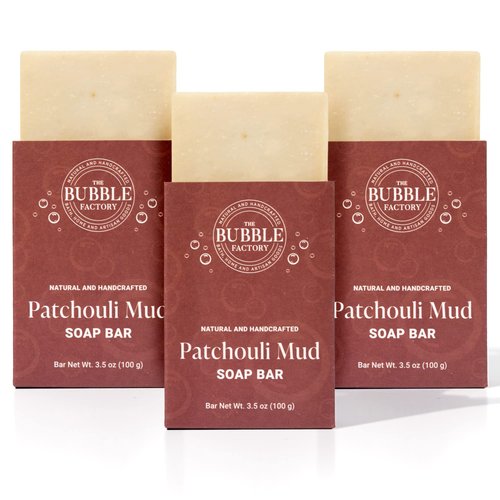 The Bubble Factory Handmade Natural Bath & Body Soap Bar, Vegan, All-Natural, Palm Oil Free, Made in USA with Shea Butter + Essential Oils, Patchouli Mud, 3 Bars