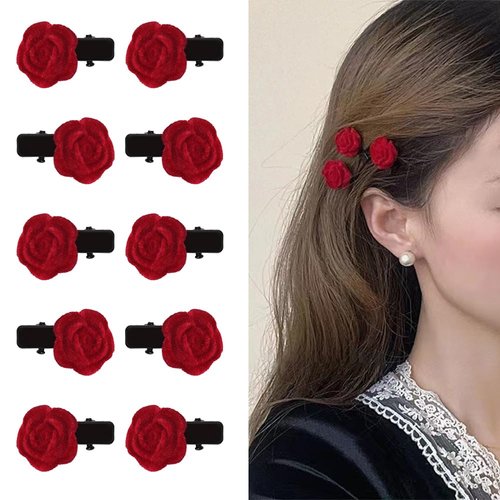 Red Rose Hair Clip Mini Flower Hair Clips for Women Girls Small Flower Hair Pins Rose Hair Barrettes Mini Alligator Hair Clips Vintage Flower Hair Accessories for Women Wedding Christmas Party 10Pcs