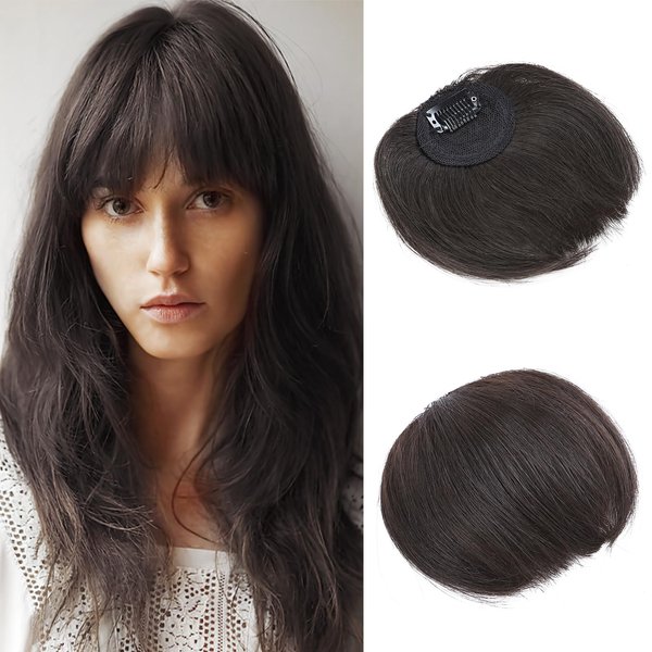 Benehair Human Hair Clip in Bangs Air Choppy Bang 6 inch Clip in Hair Bang Fringe Extension Straight Curtain Bang Cute Hairpieces for Women Natural Black #1B