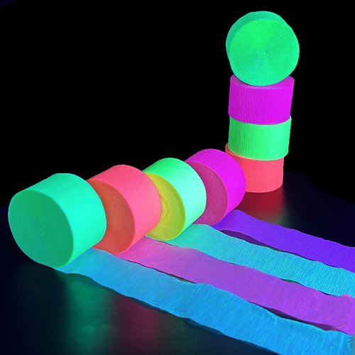 420feet Blacklight Party Streamer Decorations 4 Rolls Glow Crepe Paper UV Reactive Fluorescent Neon Paper Streamers Glow Party Supplies and Decorations for Wedding, Birthday, Neon Party, Fiesta Party