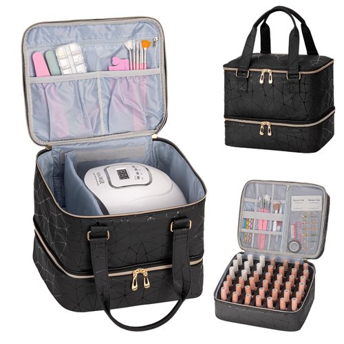 AGX Bravo Nail Polish Storage Organizer Holds 42 Bottles (15ml/0.5 fl.oz) and 1 Nail Lamp Nail Polish Carrying Case Gel Nail Polish Bag Portable Nail Polish Manicure Organizers Case (PU Black)