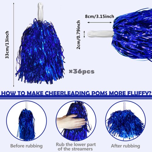 36PCS Cheerleading Pom Poms Metallic Foil Plastic Pom Poms with Baton Handle for Game Sports Squads Dancing Party Football Basketball Club Spirit Sports Stage Performance Celebration (Blue)