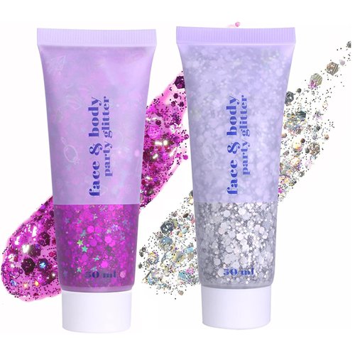 2 Color Face & Body Glitter Gel Makeup Face Hair Glitter Mermaid Sequins Holographic Chunky Glitter for Hair Body Eye Nails Eyeshadow Lasting Sparkling Women Cosmetic (04# 05#)