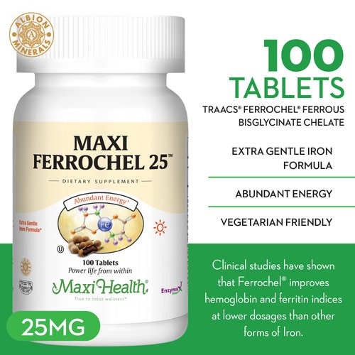 Maxi Iron Supplement - Gentle Iron Supplements for Men & Women - Ferrous Fumarate - Ferrochel 25 MG for Anemia & Red Blood Cell Production - Chelated Iron Pills - 100 Kosher Tablets by Maxi Health