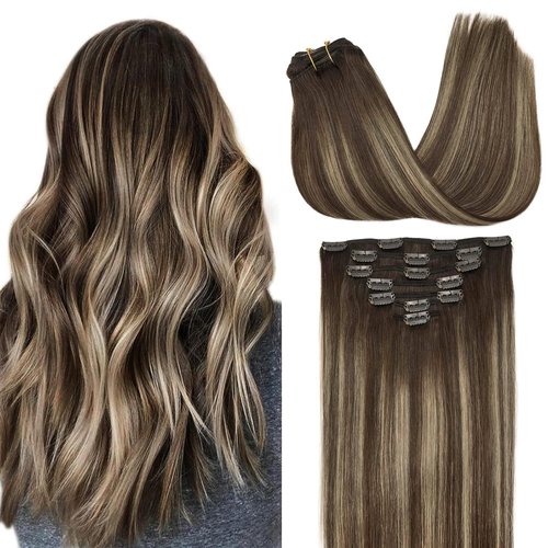 GOO GOO Clip in Hair Extensions Real Human Hair, Remy Human Hair Extensions Clip ins for Women, Natural Human Hair, 14inch 120g 7Pcs, 4/26/4 Balayage Chocolate Brown to Honey Blonde