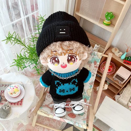 niannyyhouse 20cm Plush Doll Clothes Hat Kitten Sweater Flanging Jeans Kpop Doll Clothing (Black+Blue)