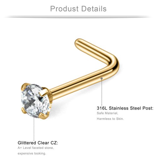Ruifan 12PCS 20G 316L Surgical Steel 1.5mm 2mm 2.5mm 3mm 3.5mm 4mm Clear Round Diamond Cubic Zirconia Crystal Nose L Shaped Studs Rings Piercing Jewelry - Gold