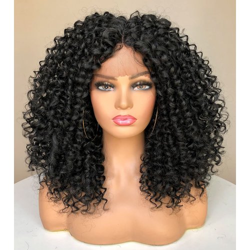 RunM Curly Lace Front Wigs for Black Women, Natural Black Kinky Curly Afro Wig for Black Women 13x4x1 HD Glueless Synthetic Lace Front Wig 15 Inch (Black)