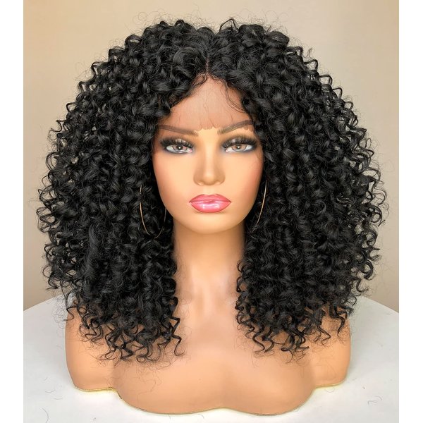 RunM Curly Lace Front Wigs for Black Women, Natural Black Kinky Curly Afro Wig for Black Women 13x4x1 HD Glueless Synthetic Lace Front Wig 15 Inch (Black)