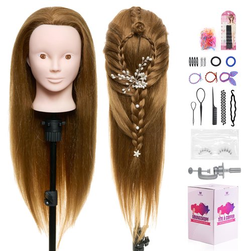 Neverland Beauty Mannequin Head with 50% Real Human Hair, 24 Inch Makeup Hairdressing Training Head Braiding Mannequin Head Manikin Styling Head Cosmetology Practice Doll Head with False Eyelashes #27