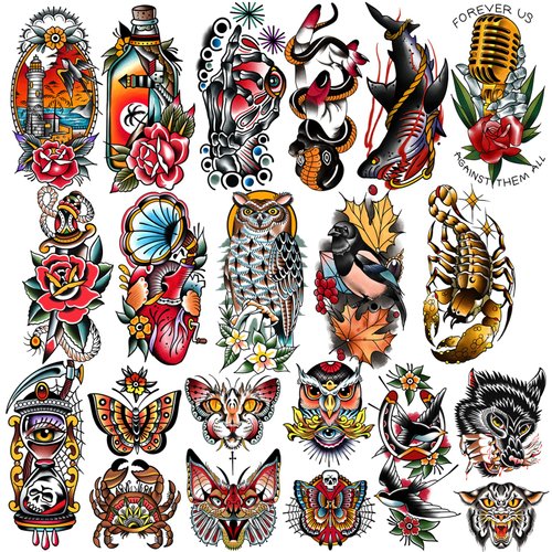 77 Sheets Vintage Temporary Tattoo, Old School Temporary Tatoos Flower Swallows Butterflies Tiger Scorpion Snake Hand Owl Swords for Women Girls and Men, Half Arm Fake Tattoos for Adults Shoulder Arm