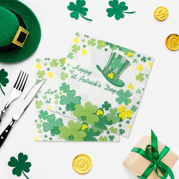 St. Patrick’s Day Napkins, Green Shamrock Paper Napkins - Disposable Saint. Patrick’s Hat Clover Dinner Napkins for Irish Event Get-together, DIY Parties, Unfolded 13x13 inches, 2-Ply, 40 count