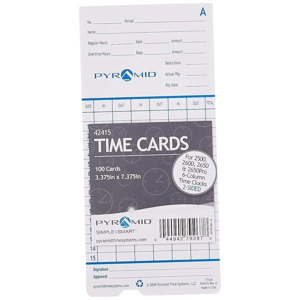 Pyramid Time Systems 42415 Genuine and Authentic Time Cards for 2500, 2600 & 2650 Auto Aligning Time Clocks, 100/Pk, Teal/Orange