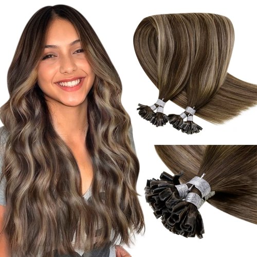 LaaVoo U Tip Hair Extensions Human Hair Brown Balayage Dark Brown Ombre Ash Blonde 16 inch 50g/50s Human Hair U Tip Extensions Fusion Keratin Tip Hair Extensions Human Hair Straight