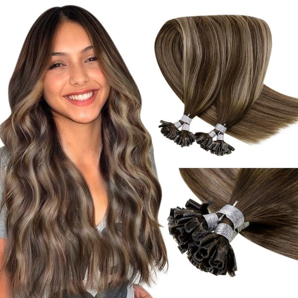 LaaVoo U Tip Hair Extensions Human Hair Brown Balayage Dark Brown Ombre Ash Blonde 16 inch 50g/50s Human Hair U Tip Extensions Fusion Keratin Tip Hair Extensions Human Hair Straight