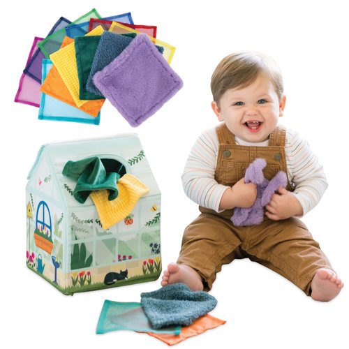 MindWare Sensory Sprouts Tissue Scarf Box - Montessori Toys for Babies 6-12 Months - Baby Tissue Box Toy - Soft Greenhouse-Shaped Tissue Box and 6 Sensory Scarves Featuring Different Textures