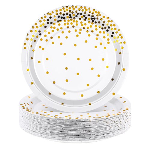 Aneco 60 Pieces 7 Inches Disposable Paper Plates White and Gold Foil Dot Dessert Plates Round Paper Plates for Wedding Bridal Shower Birthday Party Decorations