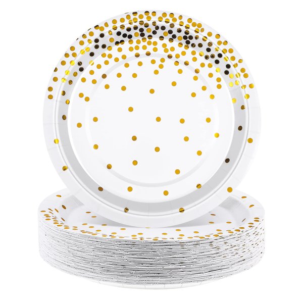 Aneco 60 Pieces 7 Inches Disposable Paper Plates White and Gold Foil Dot Dessert Plates Round Paper Plates for Wedding Bridal Shower Birthday Party Decorations