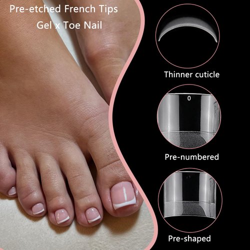 LuckForever 600pc French Tips Gel x Toenail Tips Short Square Clear Fake Toenail Soft Gel Toe Nail Tips French False Toe Nail Gel x French Toenail Tip for Gel X Acrylic Nails Extension Press Toenail