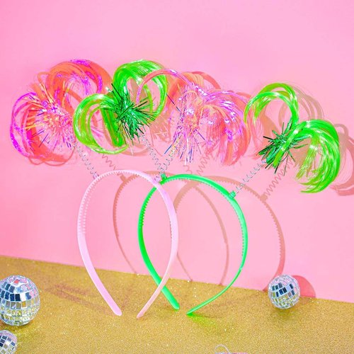 Foyte 2 Pieces Pom Pom Headband Tinsel Wrapped Ponytails Hair Hoop Head Bopper Pom Party Headpiece for Cosplay Costumes (pink green)
