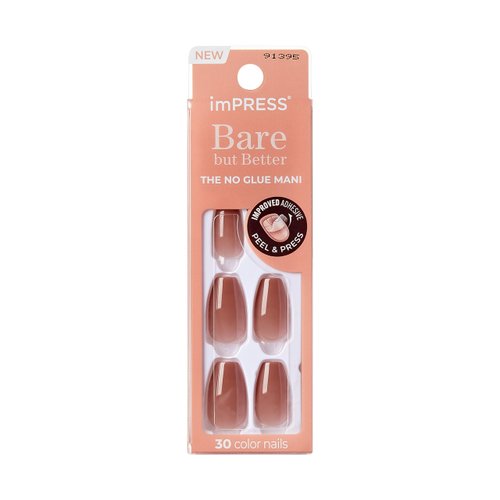 KISS imPRESS No Glue Mani Press-On Nails, Color, Flare', Medium Neutral, Medium Size, Coffin Shape, Includes 30 Nails, Prep Pad, Instructions Sheet, 1 Manicure Stick, 1 Mini File