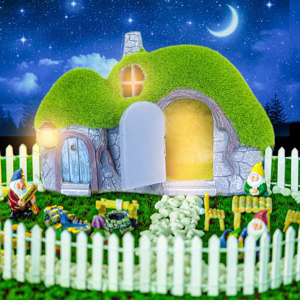 Darkdec Garden Statues Outdoor Decor - Fairy House with Waterproof Solar Lights Resin Figurines for Yard Lawn Porch Outside Ornament or Garden Gift