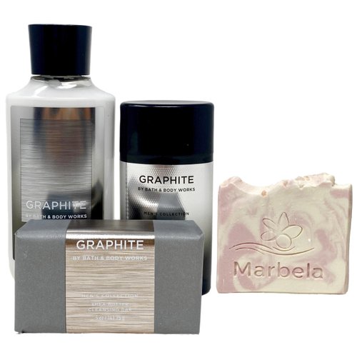 Bath & Body Works Men's Collection Graphite - 3 Pack - Body Lotion, Antiperspirant Deodorant and Cleasing Bar with a Himalayan Salts Springs Sample Soap.
