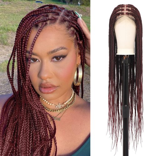 Fecihor 360° HD Full Lace Knotless Braided Wigs for Women Box Braid Wig with Baby Hair Human Hair Blended Natural Looking Burgundy Braided Lace Front Wigs 36 Inch
