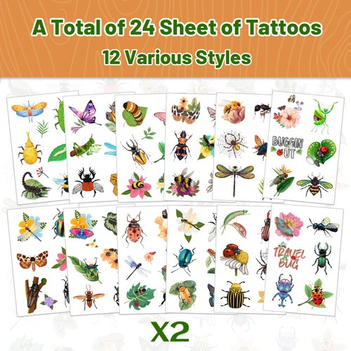 24 Sheets Insect Temporary Tattoos Bug Themed Party Favors, Birthday Decorations, and Classroom Rewards for Kids