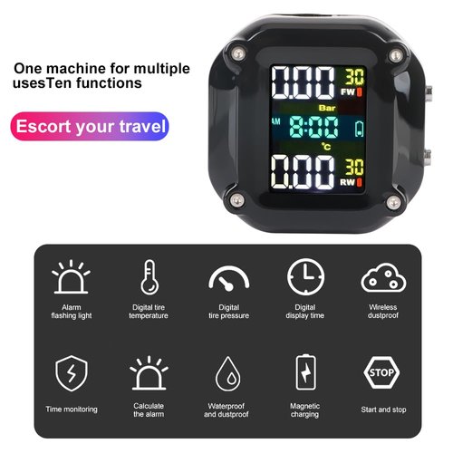 leepee Motorcycle Tire Pressure Monitoring Alarm System, LCD Display, Motor Tyre Temperature with 2 External Sensors