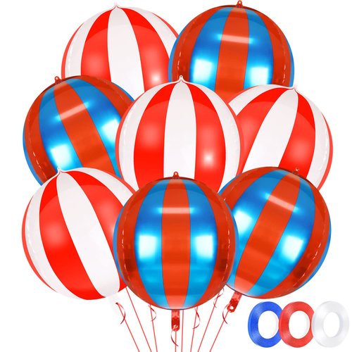 8 Pcs Carnival Balloons Circus Party Decorations, 22'' Jumbo 4D Red and Blue White Balloons with Ribbons for Carnival Decorations Circus Clown Party Birthday Party Supplies