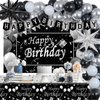 Silver and Black Birthday Decorations for Men Women Boys Girls 80 PCS White Black and Silver Party Decorations Happy Birthday Backdrop Banner Confetti Star White Silver Black Balloon Arch Tablecloth