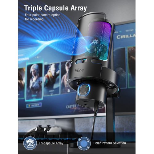 FIFINE Gaming USB Microphone, PC Computer Mic with 4 Polar Patterns for Podcast Streaming Recording YouTube, RGB Condenser Desktop Mic for PS4, Mac, with Headphone Jack-AmpliGame A8 Plus