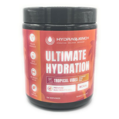 HydraQuench Ultimate Hydration Electrolyte Drink Mix Tropical Vibes Flavor with Electrolytes, B Vitamins and BCAAs Sugar Free, Vegan and Keto for Hydration and Muscle Recovery.