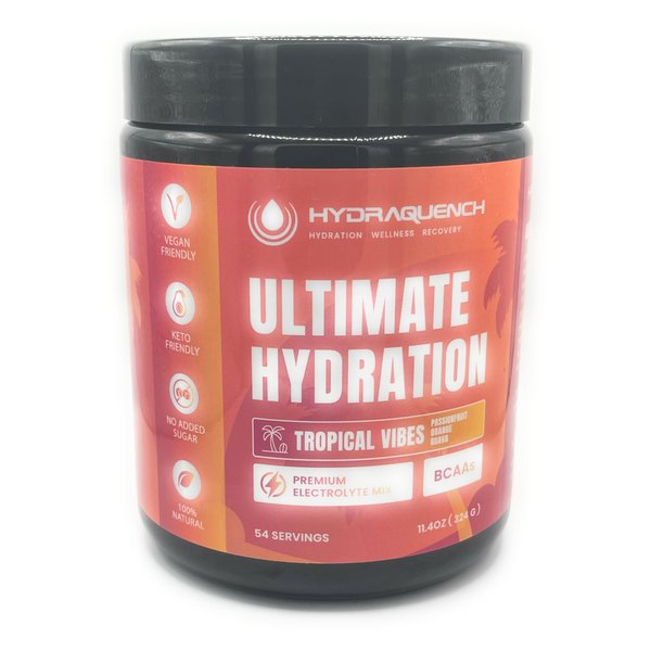HydraQuench Ultimate Hydration Electrolyte Drink Mix Tropical Vibes Flavor with Electrolytes, B Vitamins and BCAAs Sugar Free, Vegan and Keto for Hydration and Muscle Recovery.