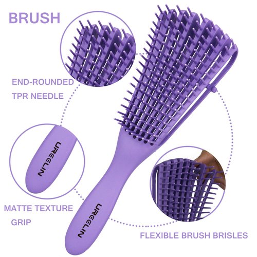 UREELIN Detangling Brush set,Detangler Hair Brush with Teasing & Edge Brush for Curly Hiar, Rat Tail Comb Alligator Hair Clips for 3a to 4c Kinky Wavy/Curly/Coily/Wet/Dry/Oil/Thick/Long Hair(Purple)